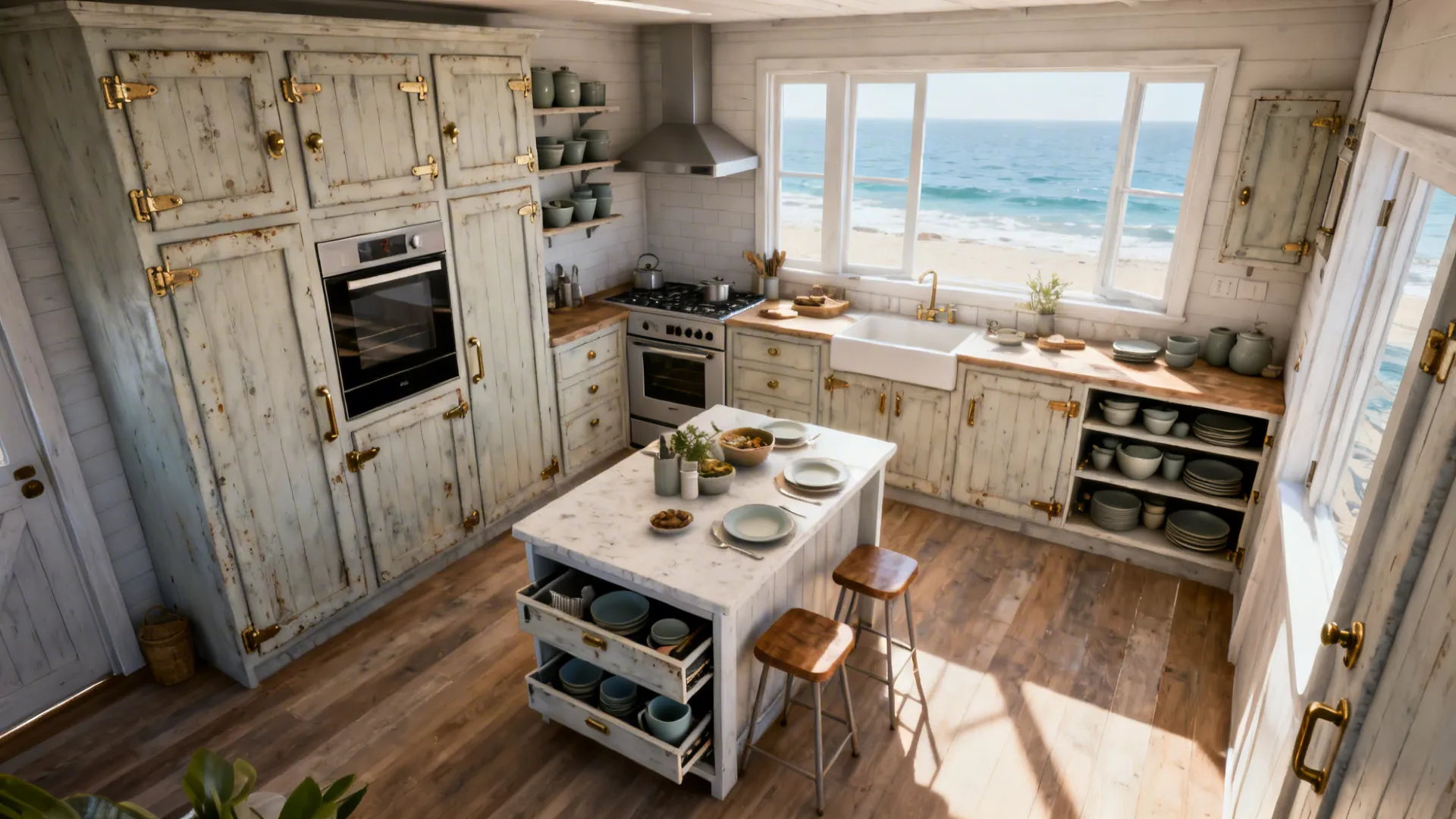 Compact coastal kitchen with island that doubles as prep and dining and vertical storage solutions.