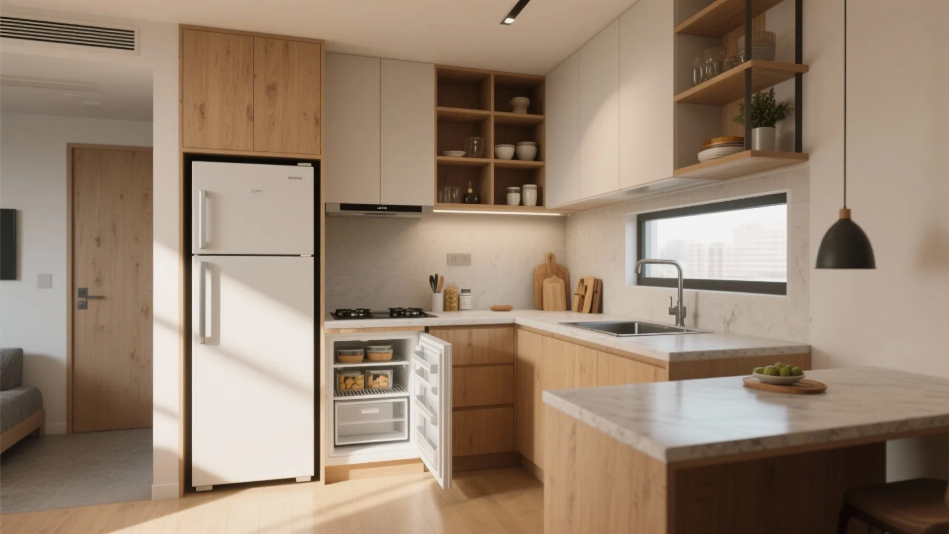 Efficient compact kitchenette with pull-out pantry and open shelving in a one-bedroom apartment