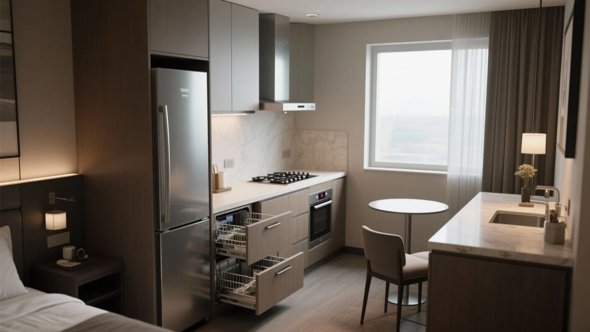 Compact hotel kitchenette with slimline appliances and integrated storage, optimized for small suites.