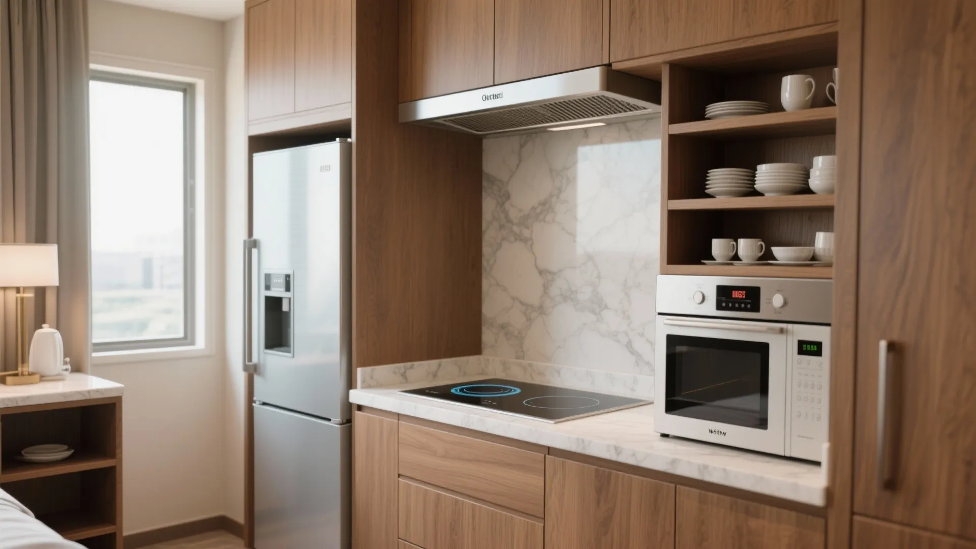 Compact kitchenette with mini-fridge, induction hob and neat pantry in a hotel suite