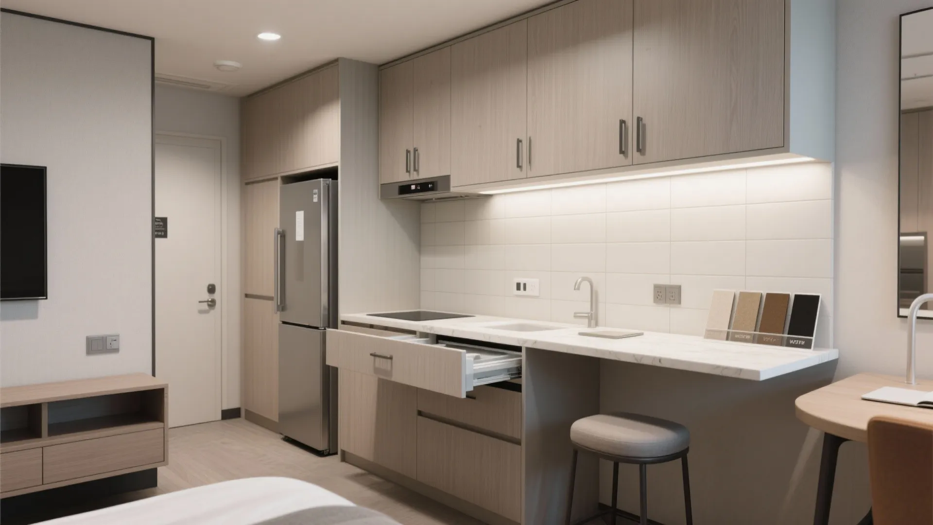 4. Compact Kitchenette with Multipurpose Surfaces