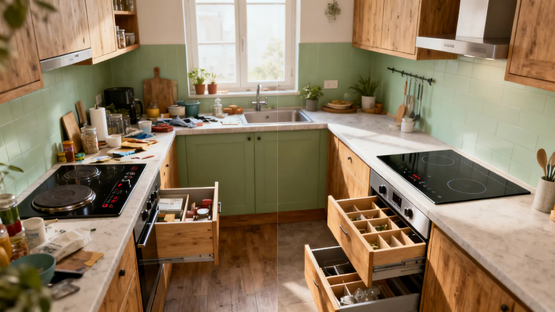Before-and-after of a compact L-shaped kitchen showing induction upgrade and improved drawer storage.