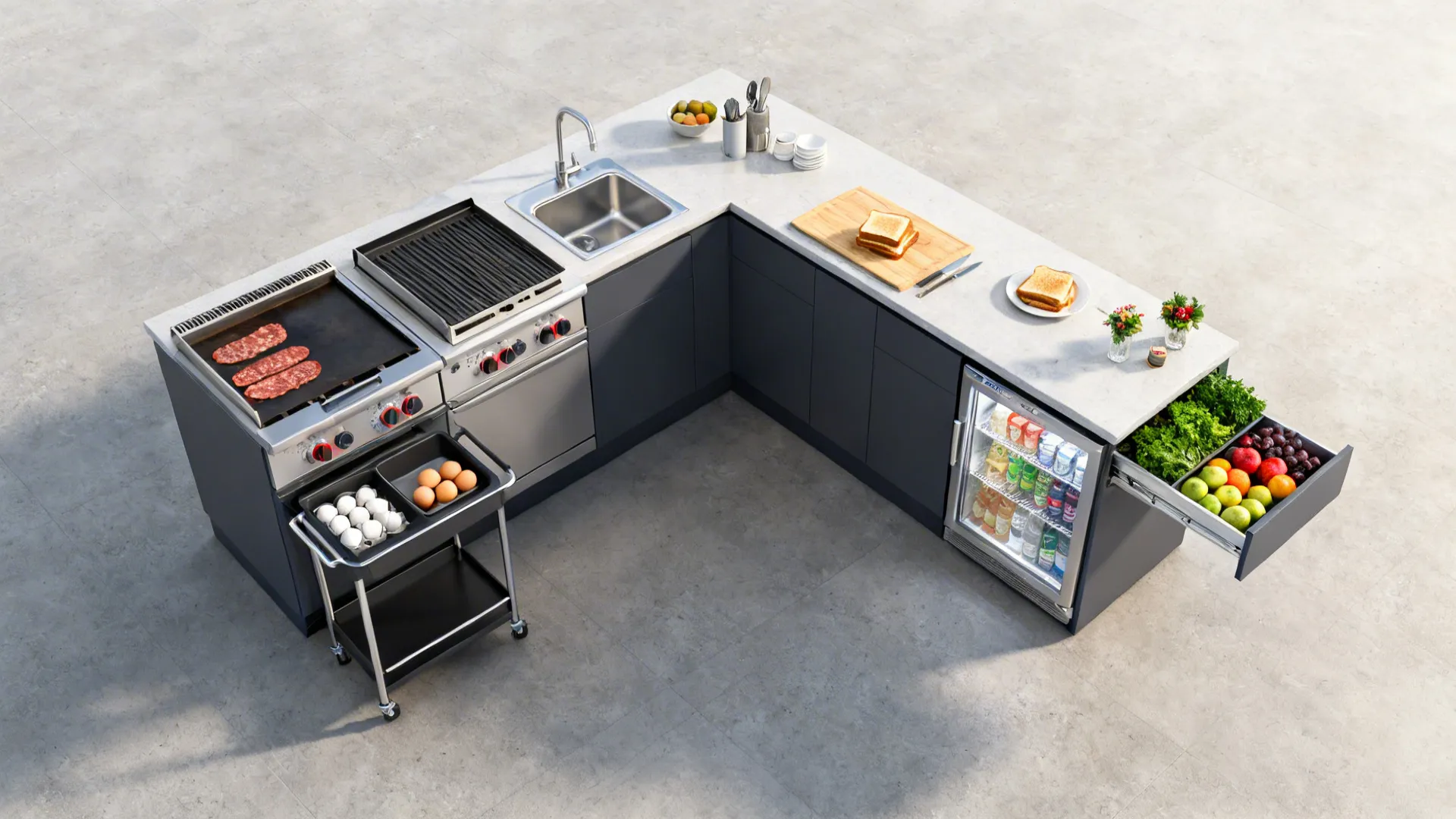 Interior design drawing of an L-shaped kitchen island with griddle sink fridge and open drawers