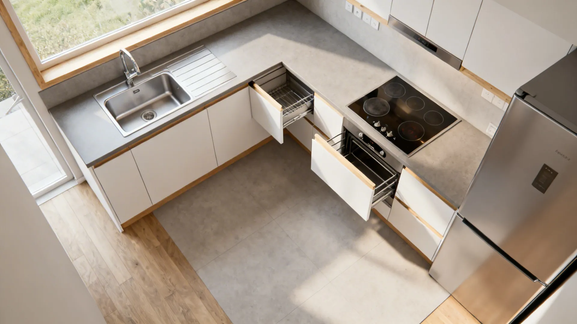 Top-down view of an L-shaped small kitchen with a corner pull-out and clear work triangle.
