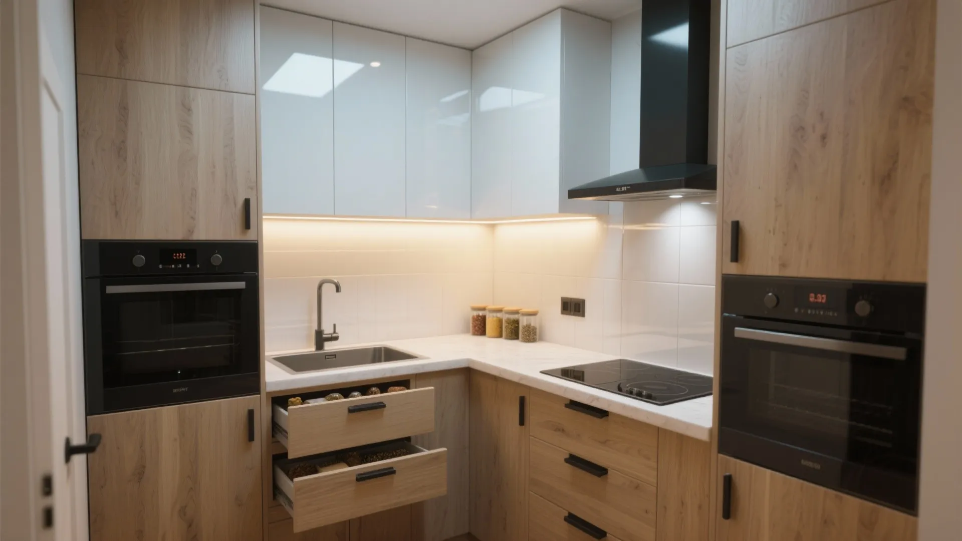 Compact L-shaped kitchen with reflective surfaces