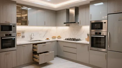 Modern L-Shaped Kitchen with Marble Backsplash & Smart Storage