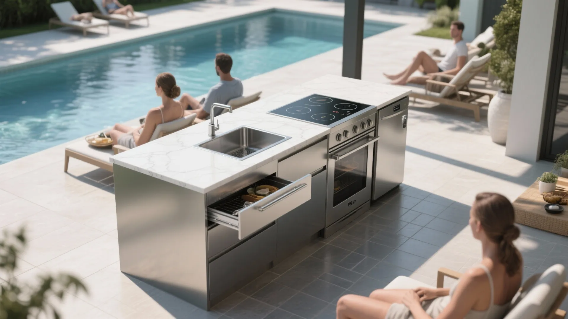 Compact L-shaped outdoor kitchen on a tight pool deck with slim appliances and clear sightlines