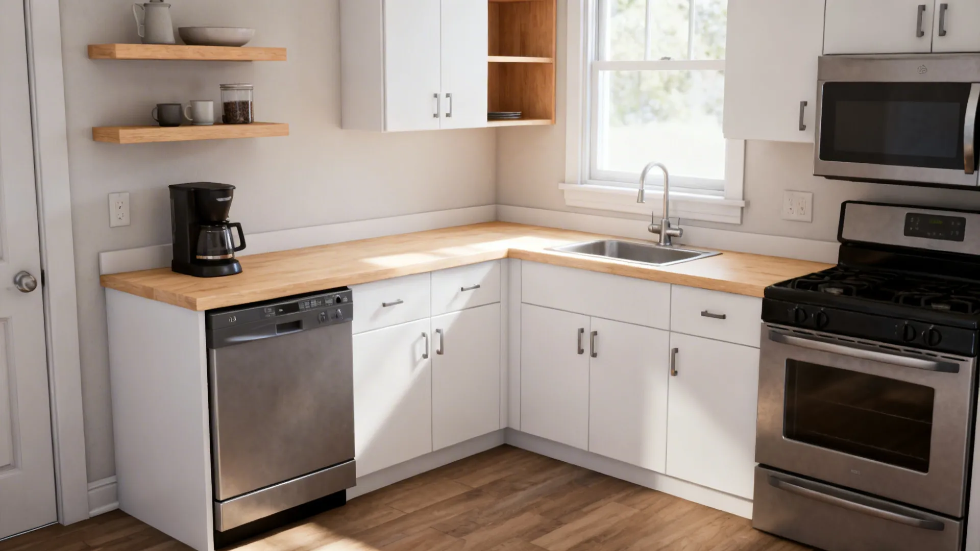 Compact L-shaped kitchen with a 24-inch dishwasher and corner coffee station by a window.