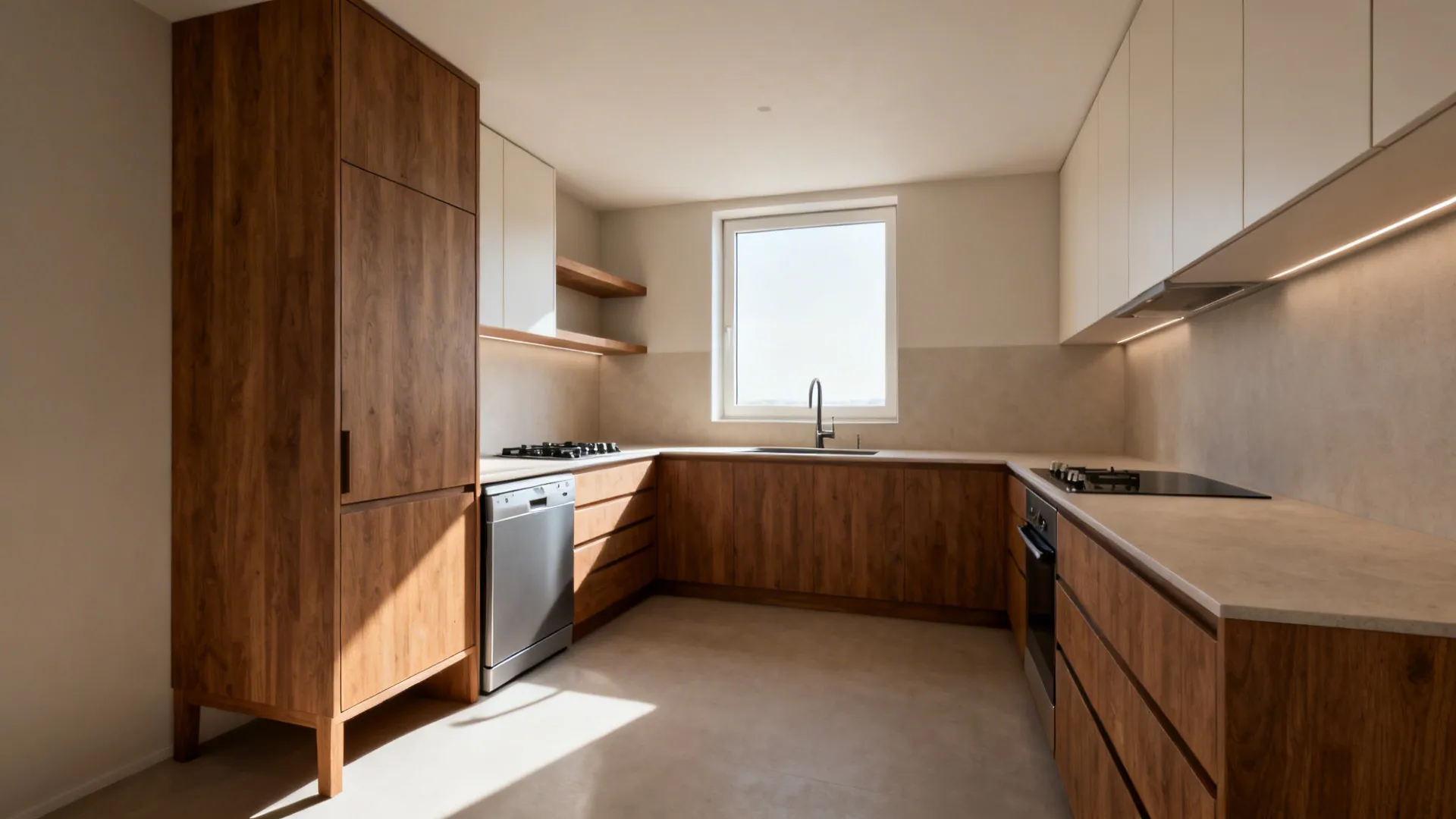 Small L-shaped kitchen with continuous counter, drawer bases, and a floating shelf.