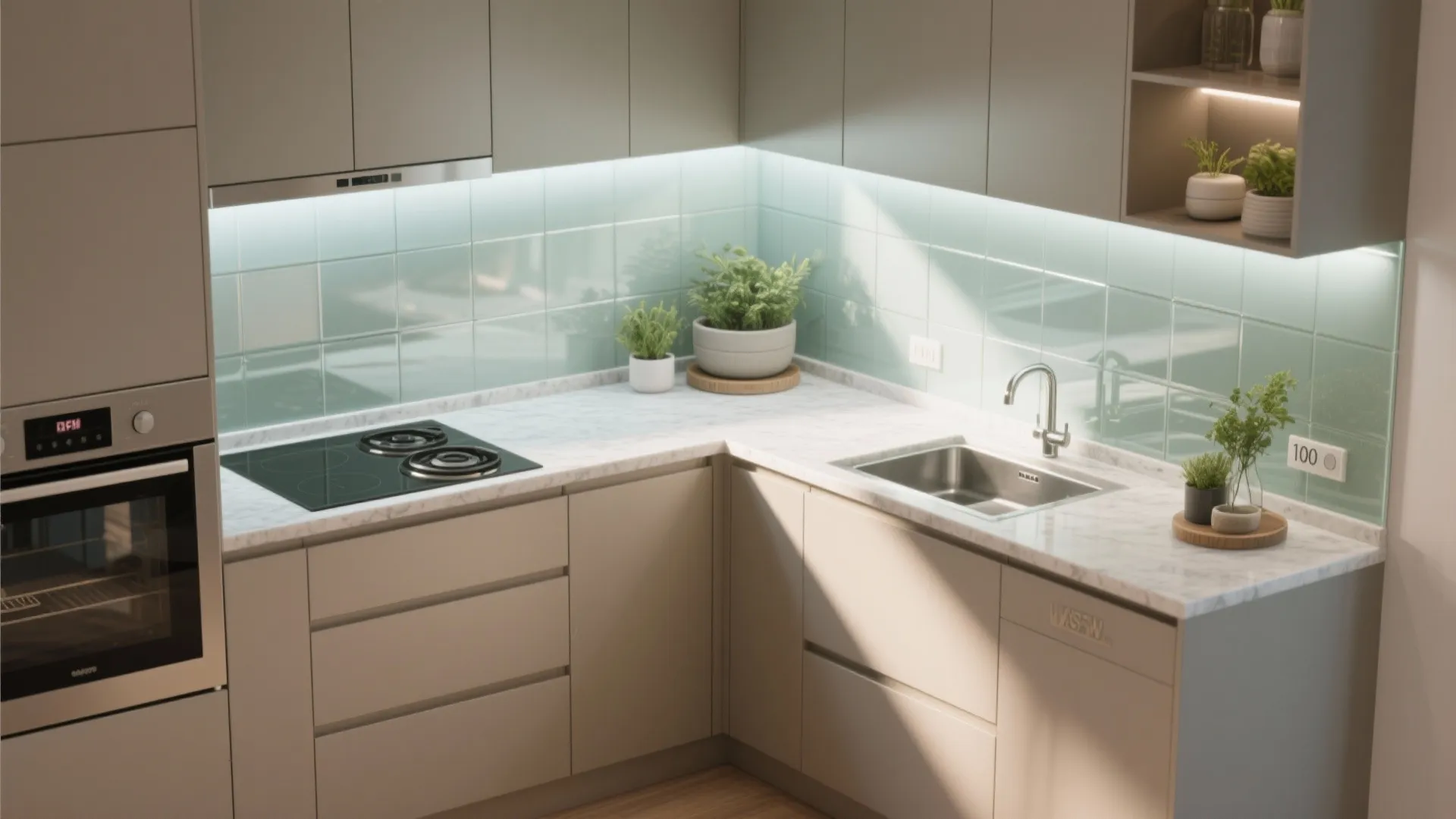 Glass-backed kitchen with compact L layout