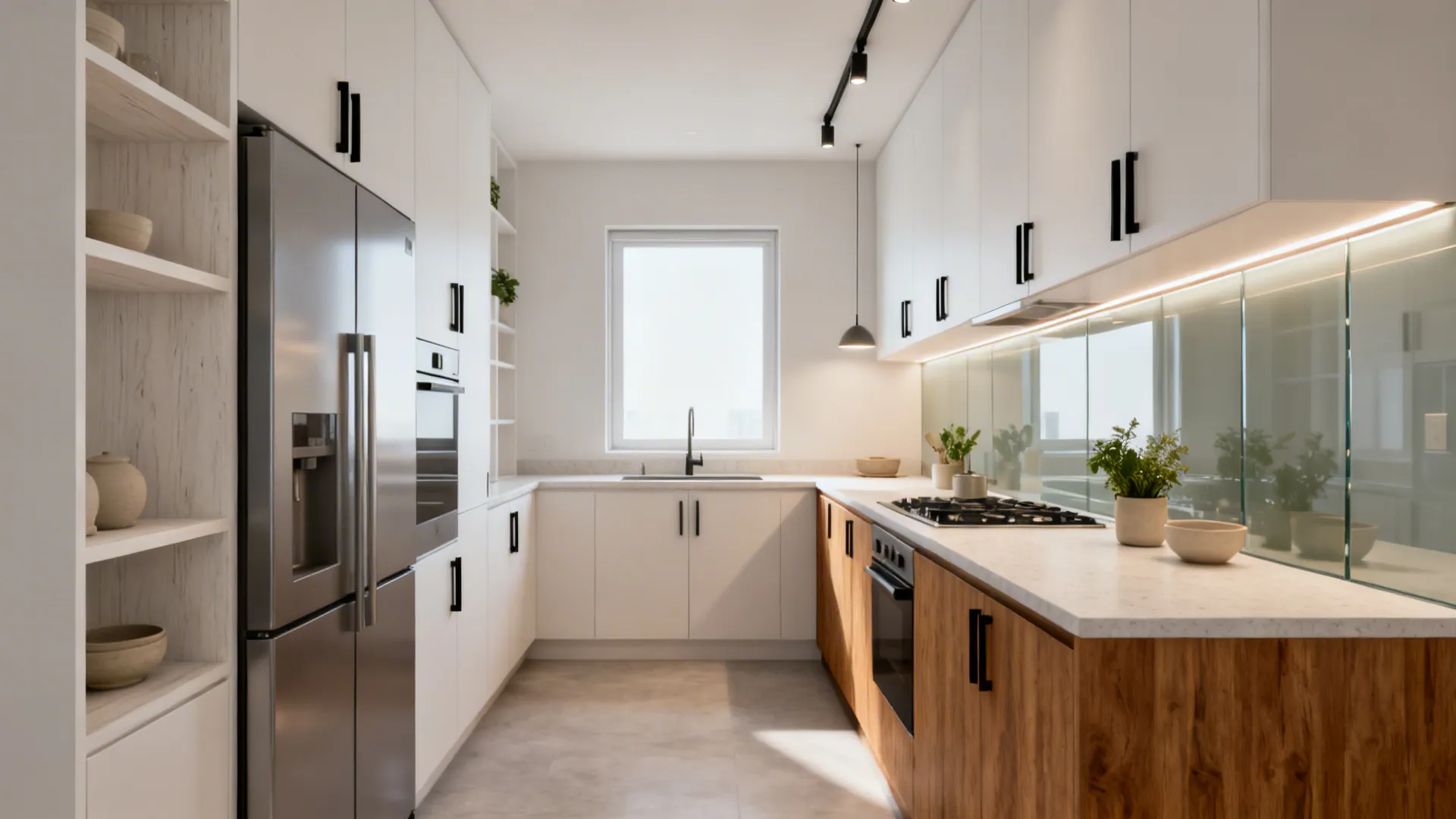 Modern kitchen with white upper cabinets wood lower cabinets glass backsplash sink and a large window
