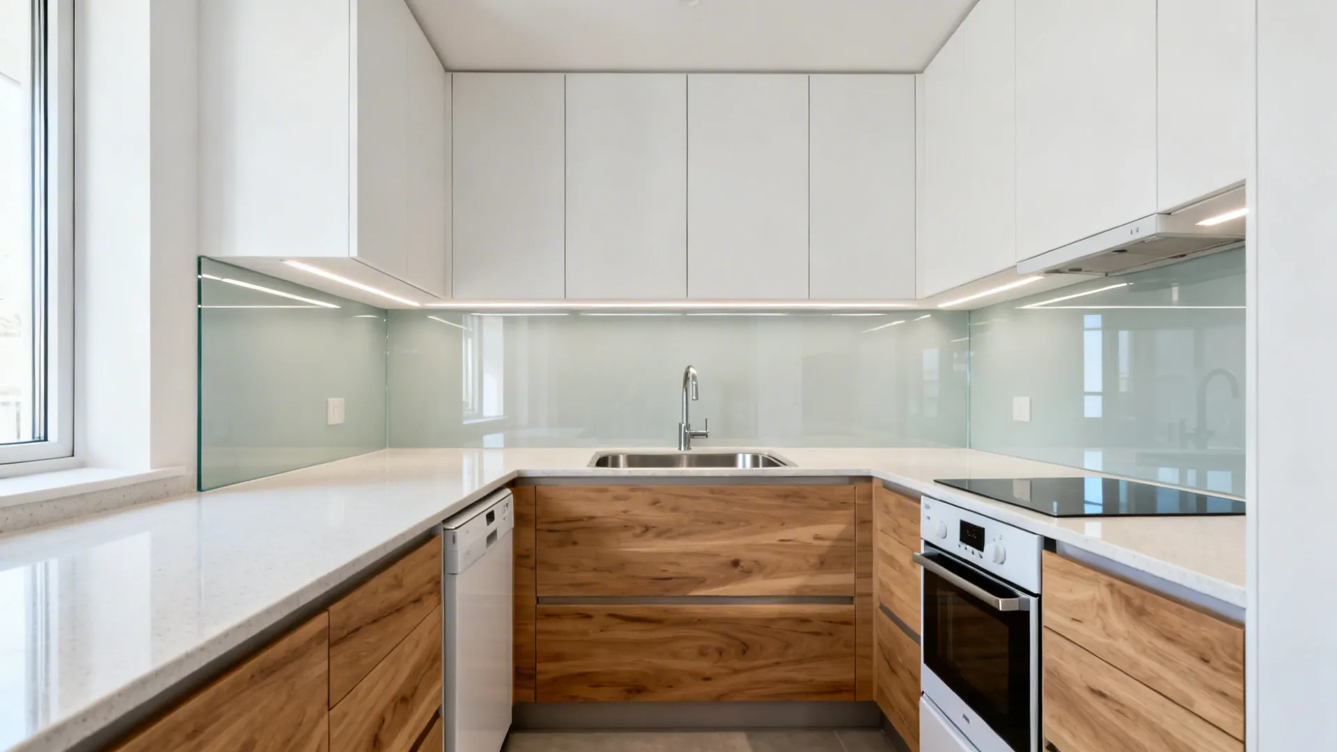Modern kitchen with white upper cabinets wood lower cabinets blue glass backsplash and a white countertop