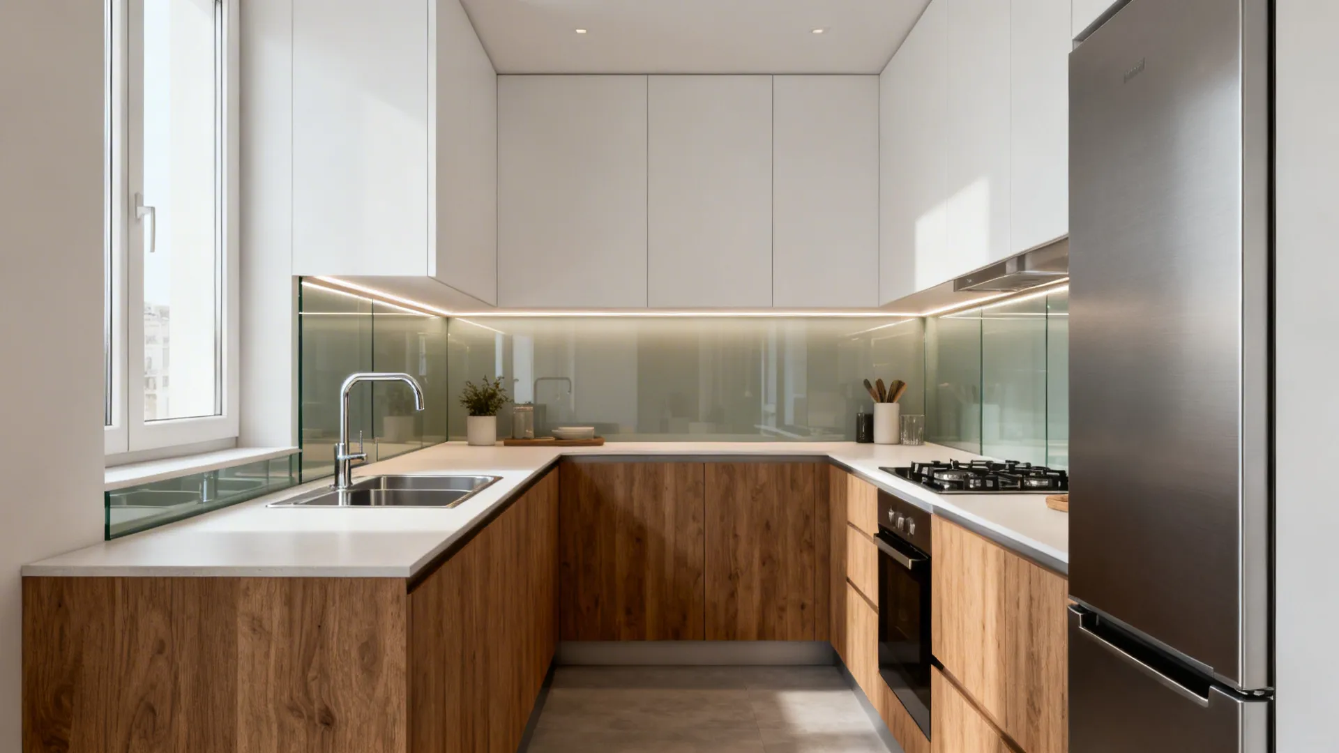Modern small kitchen with white upper cabinets wooden base cabinets glass backsplash and stainless steel fridge