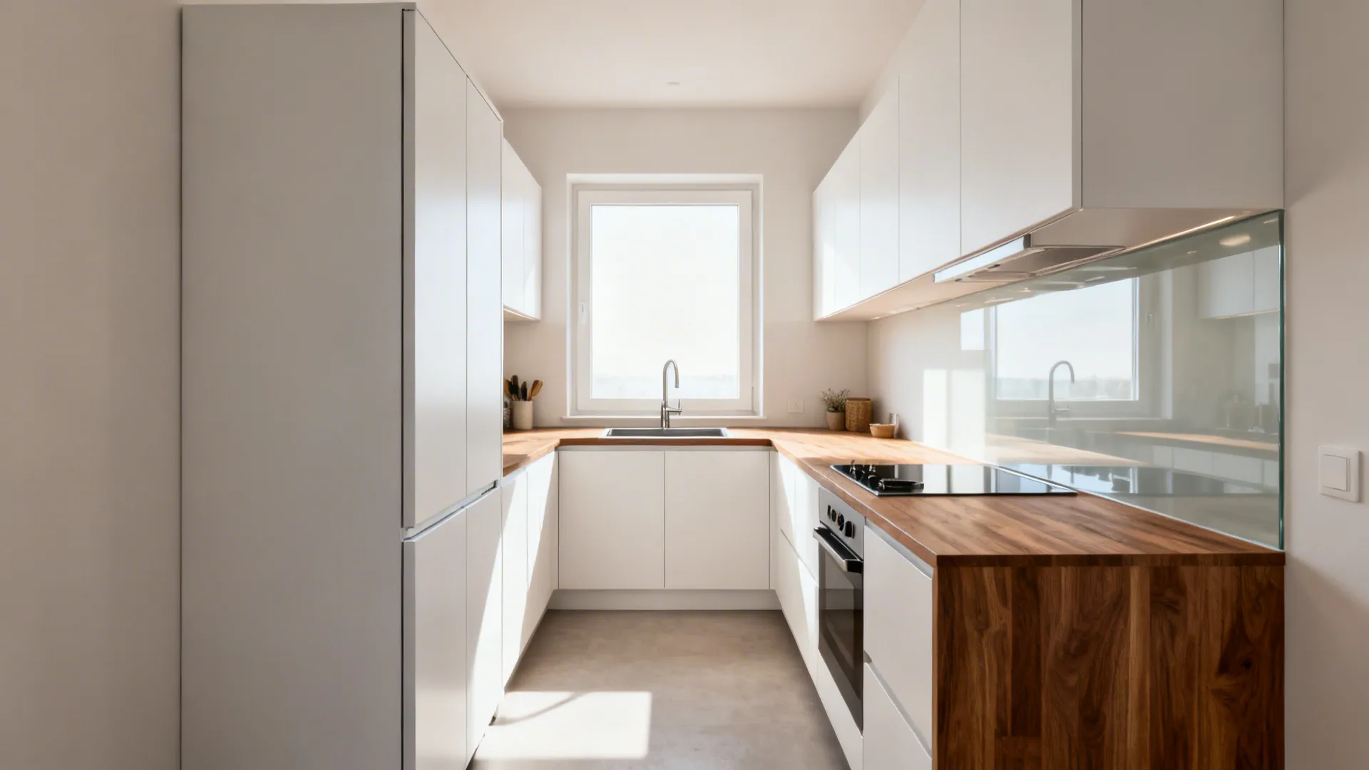 Bright modern small kitchen with white cabinets wood countertops sink under window and built-in oven
