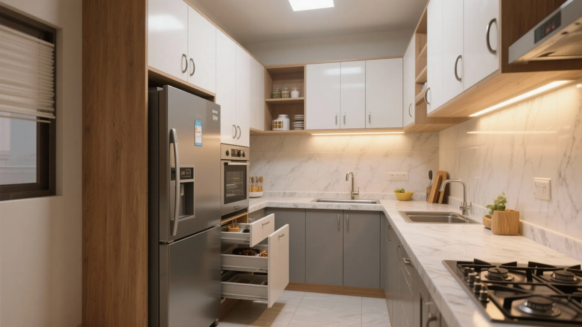 Space-smart kitchen: galley or L layout with tall pantry