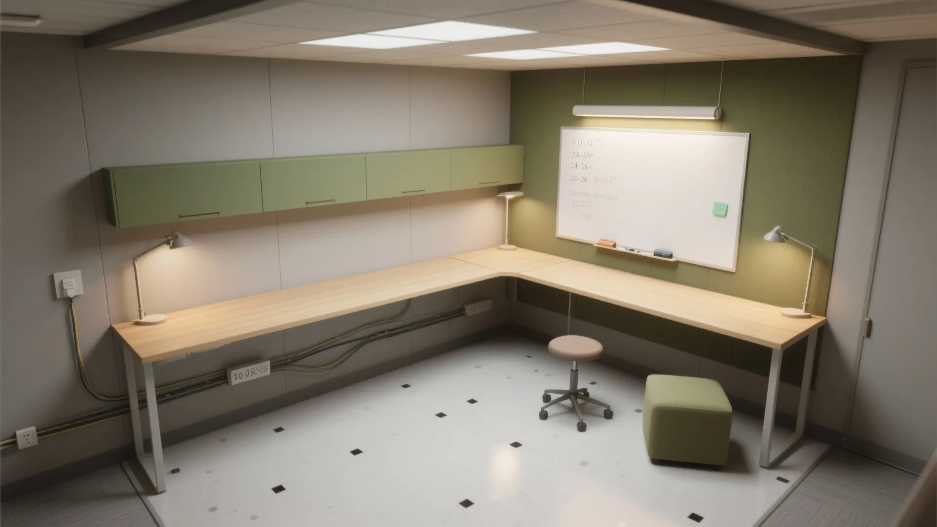 Compact L-shaped layouts and wall-mounted desks