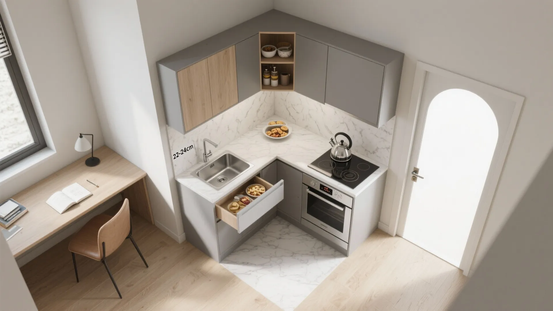 Compact L-Shaped Layout to Maximize Counter Space