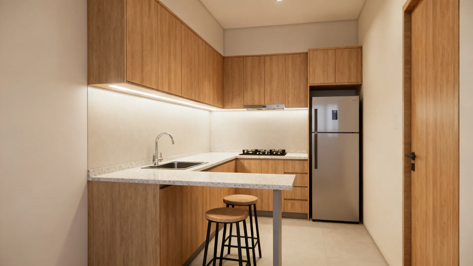 Small Filipino condo kitchen in an L-shaped layout with continuous prep and slim peninsula.
