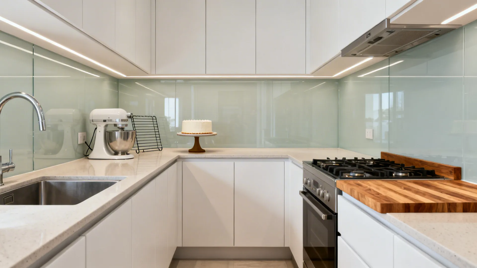 Small L-shaped kitchen with a continuous prep stretch and efficient triangle.