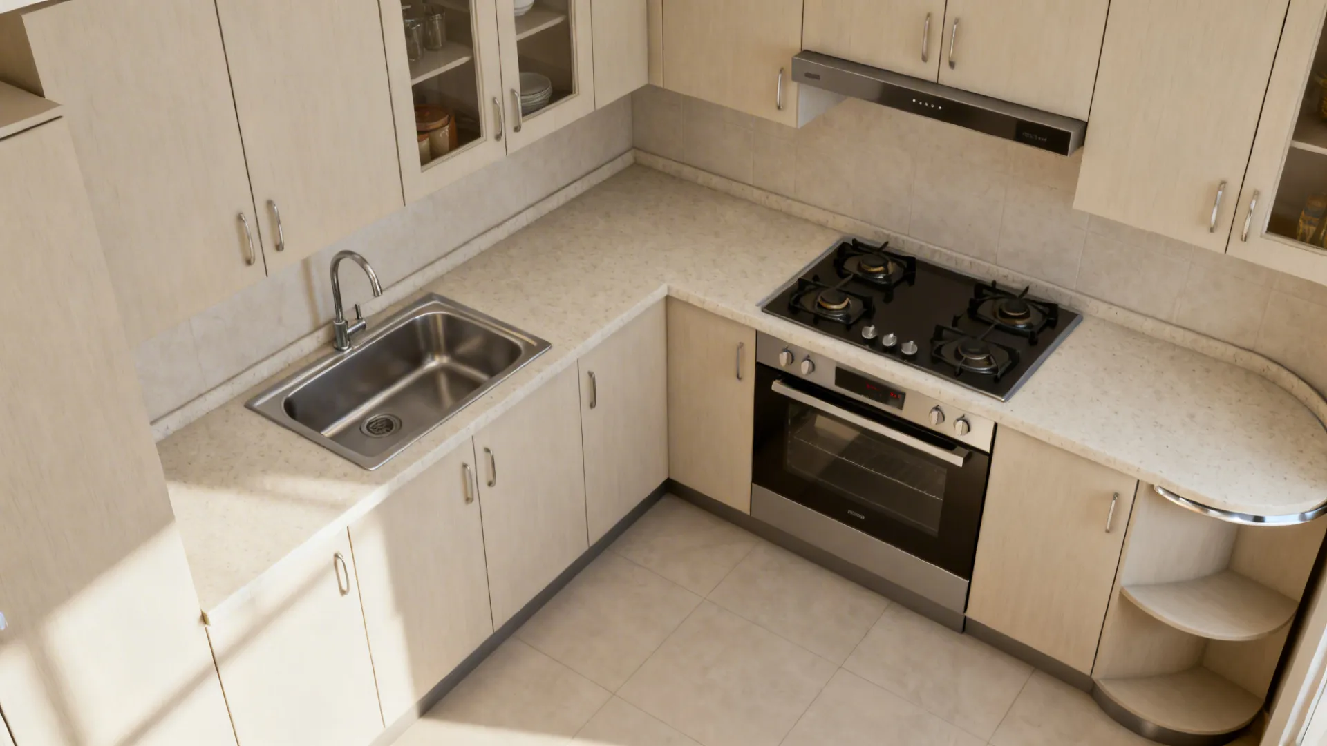 Compact L layout to unlock countertop length