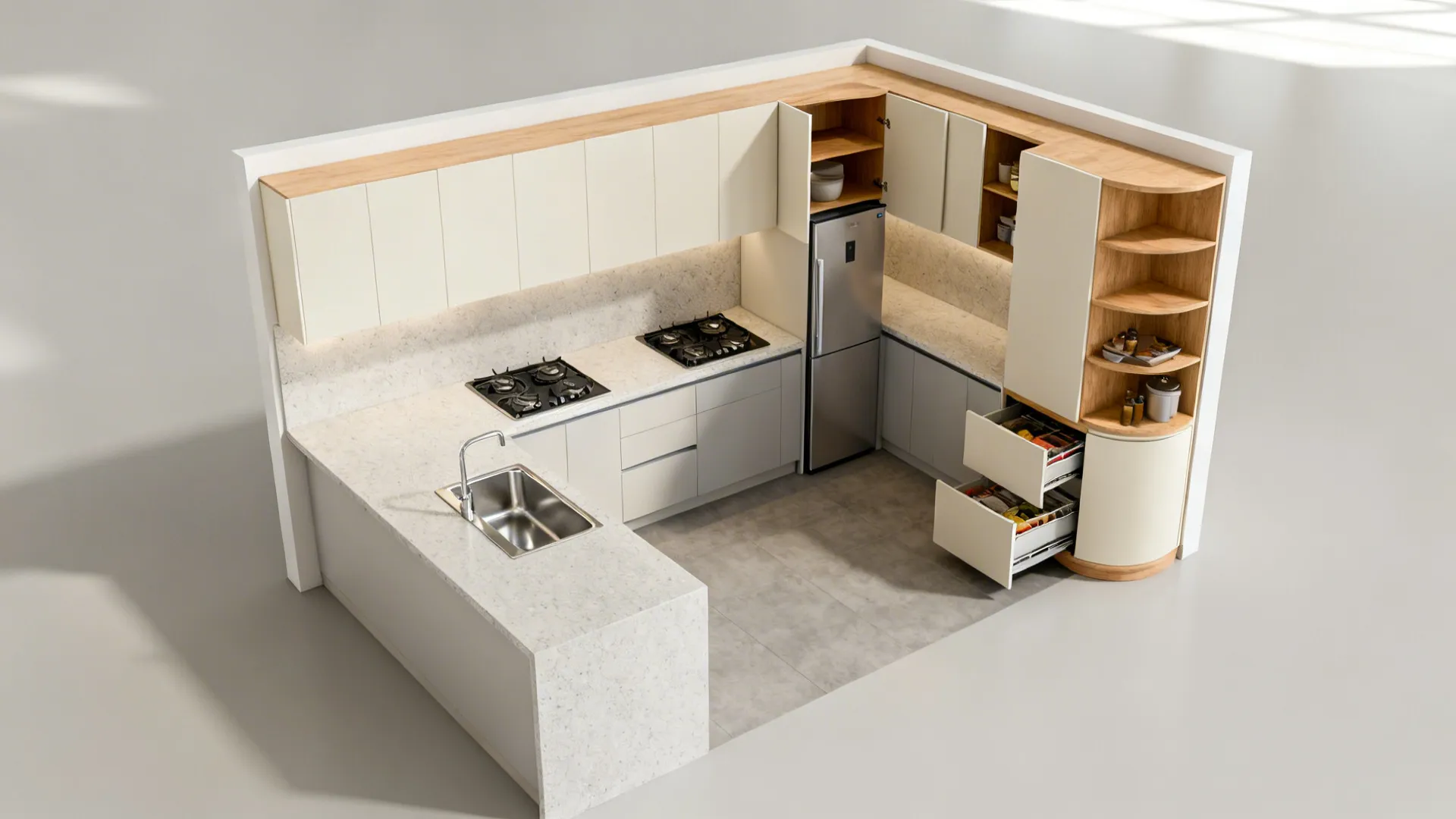 Compact L-shaped kitchen with clear work triangle and corner carousel for efficient storage.