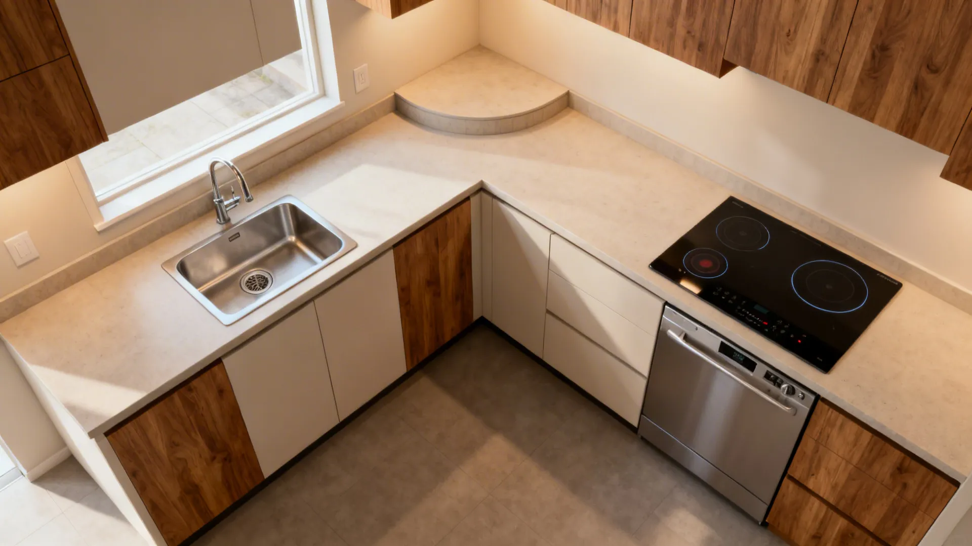 L-shaped 6x4 kitchen with sink on short leg and a 36-inch prep zone.