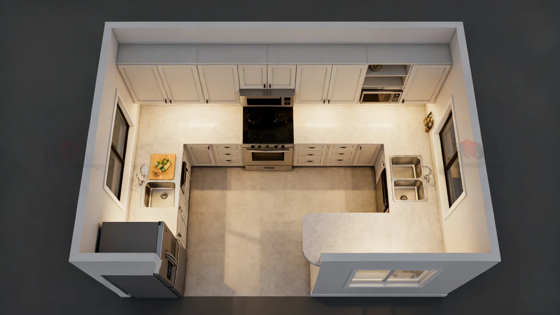 Top-down view of an L-shaped compact kitchen with integrated pulls and a clear 42-inch aisle.
