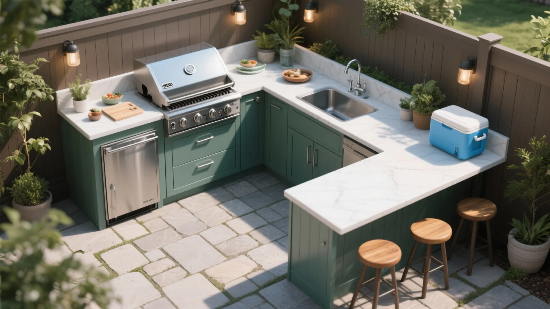 Outdoor kitchen with green cabinets white marble countertop stainless steel grill sink and wooden bar stools