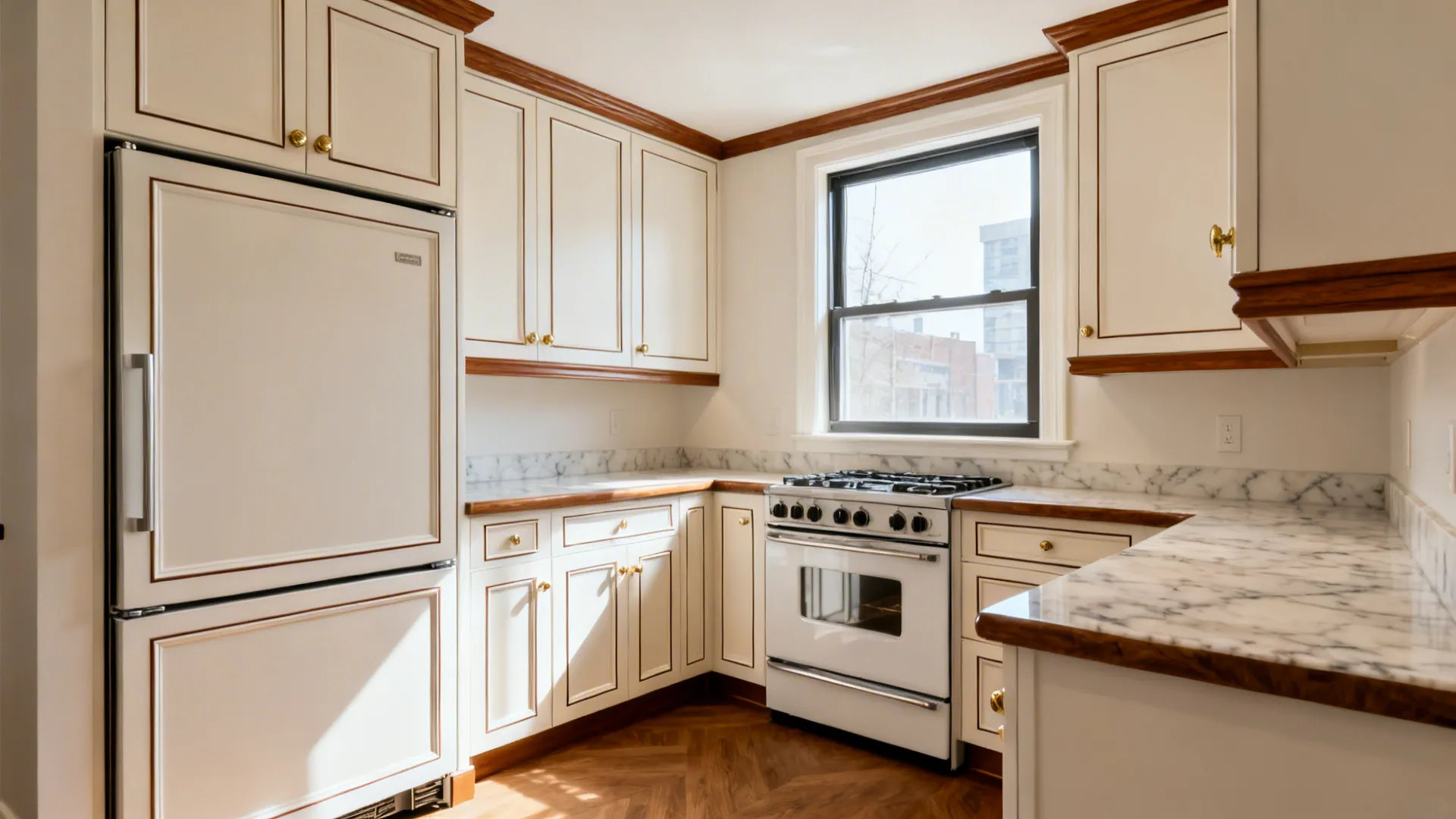 Compact L-shaped classical kitchen with paneled counter-depth fridge, 60 cm range, and continuous trim lines.