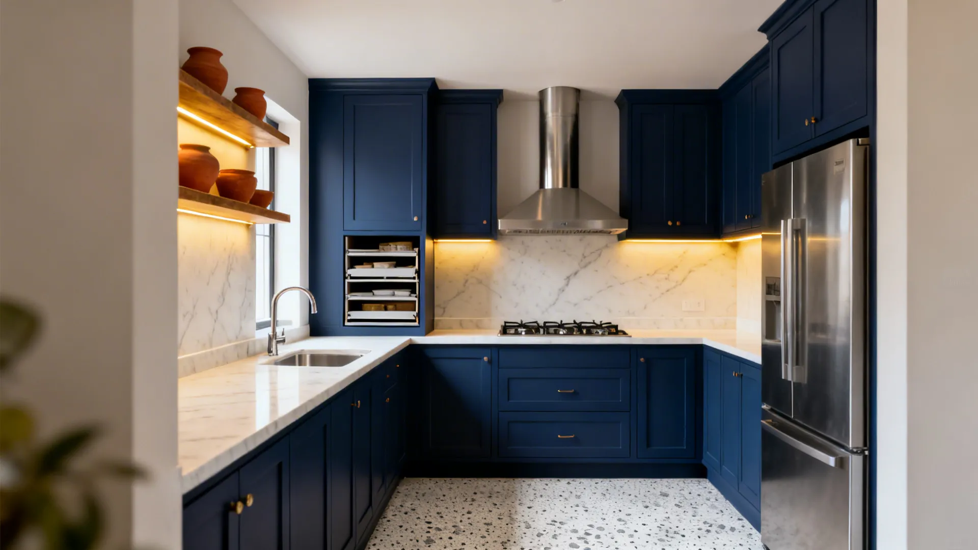 Compact L-shaped navy kitchen with a tall pull-out pantry and open shelves under soft daylight.