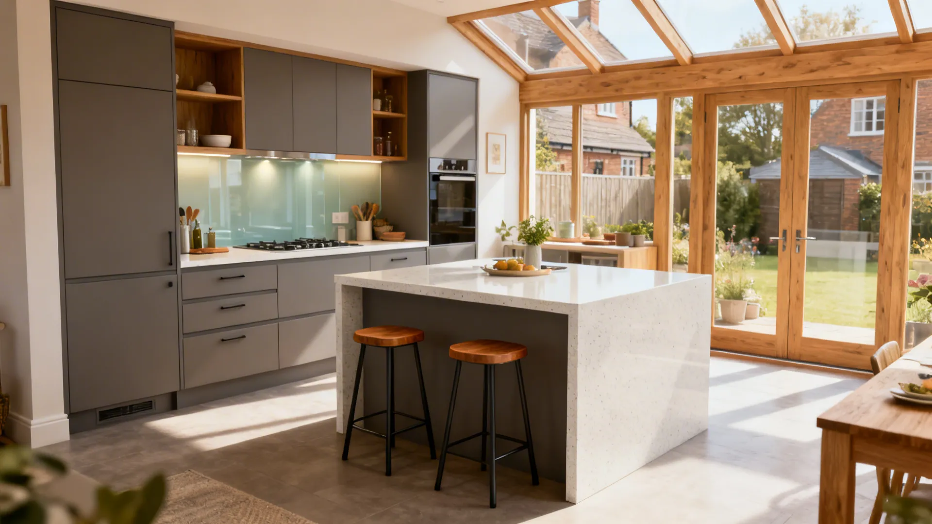 Compact L-shaped kitchen with a short peninsula and clear circulation space.