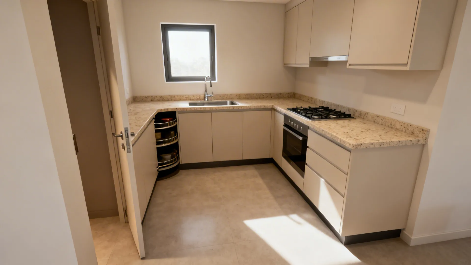 Compact kitchen layout with cream cabinets stone counter top corner storage sink and built in oven