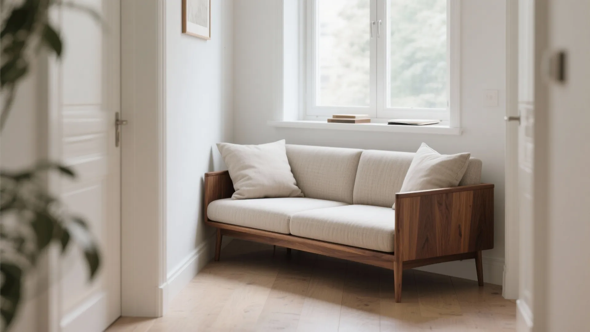 Compact L-Shape Wooden Sectional for Narrow Halls