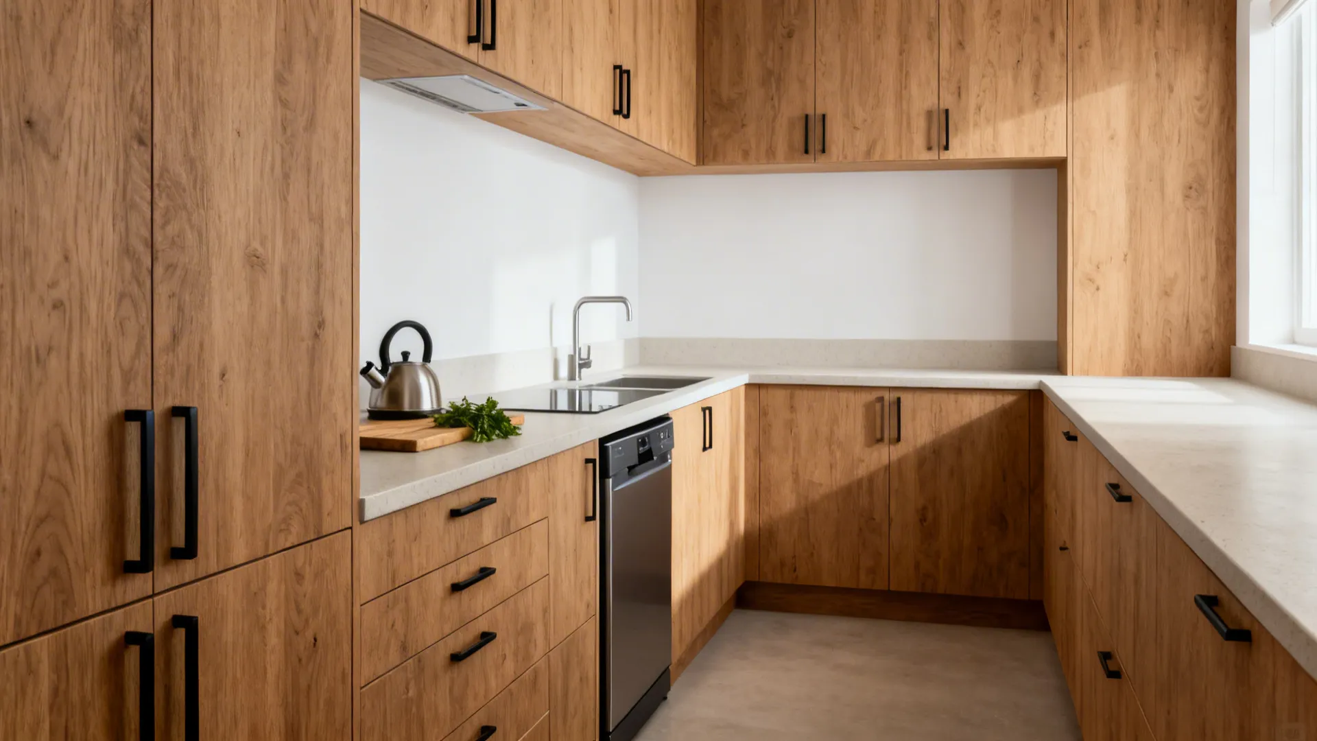 Compact L-shaped small kitchen with a long counter run and warm oak cabinets.