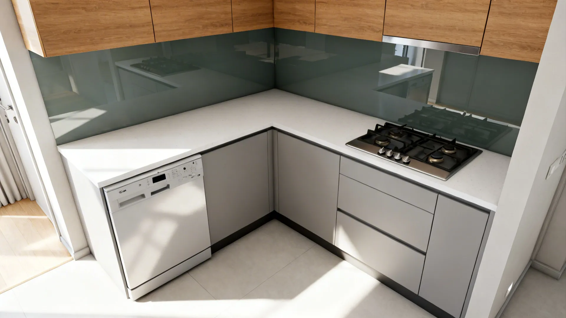 Compact L-shaped kitchen with clear circulation, quartz counters, and glass backsplash.
