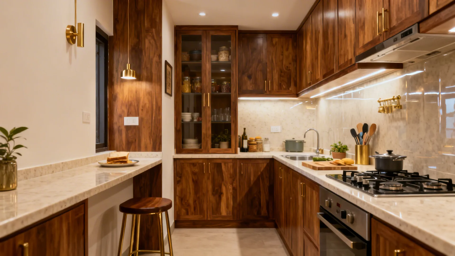 Compact L-shaped Kerala kitchen with clear prep, cook, and clean zones and a tall pantry.