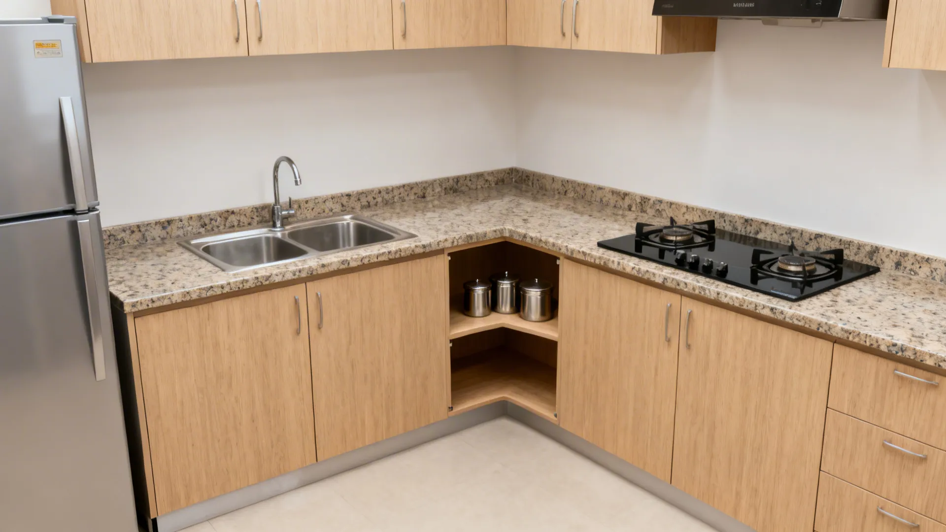 L-shaped compact kitchen with continuous counters and balanced sink-cooktop spacing.