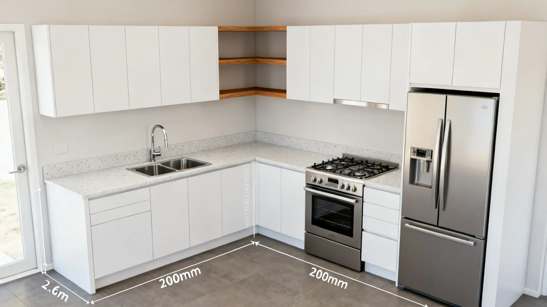 Compact L-shaped kitchen with 900 mm between sink and cooktop for efficient workflow.
