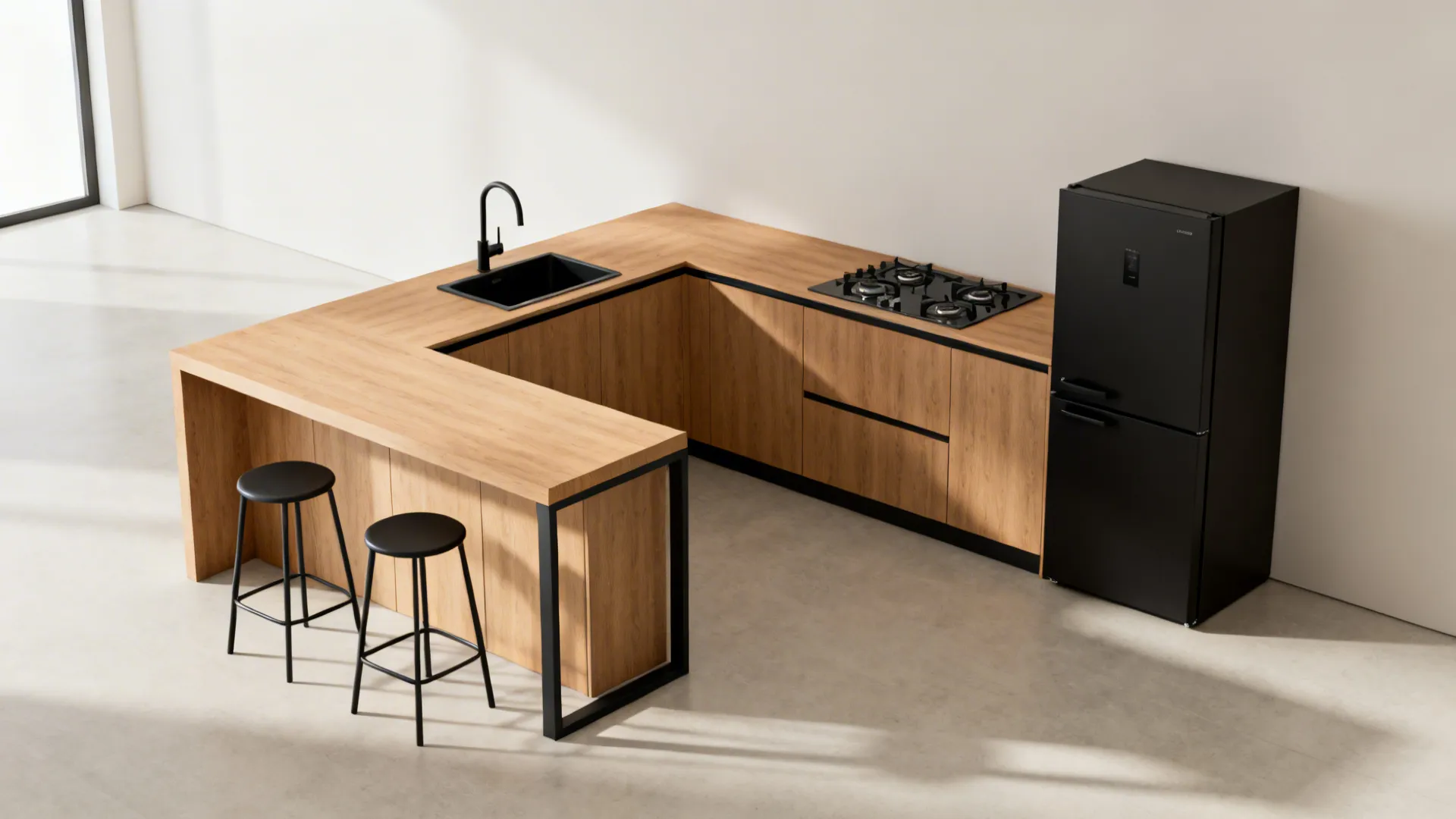 Modern u-shaped kitchen layout with wood cabinets black sink black stove and black fridge freezer