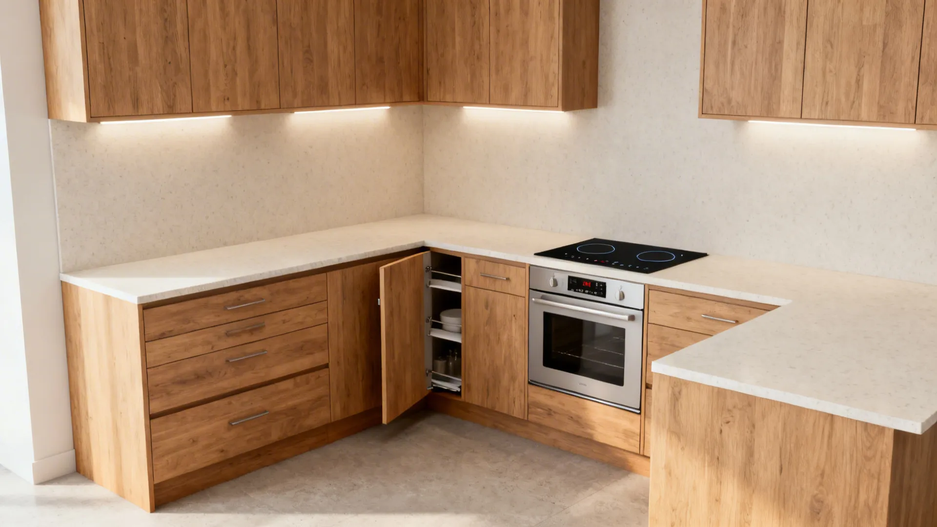 Modern L-shaped kitchen with wooden cabinets white countertops oven stove and open corner shelf storage