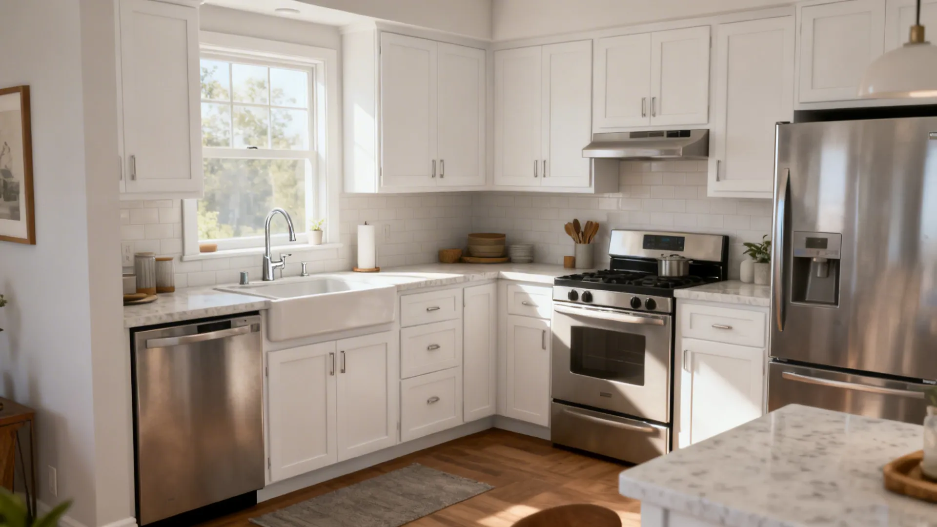 Compact L-shaped white kitchen with smart zones and daylight at the sink.