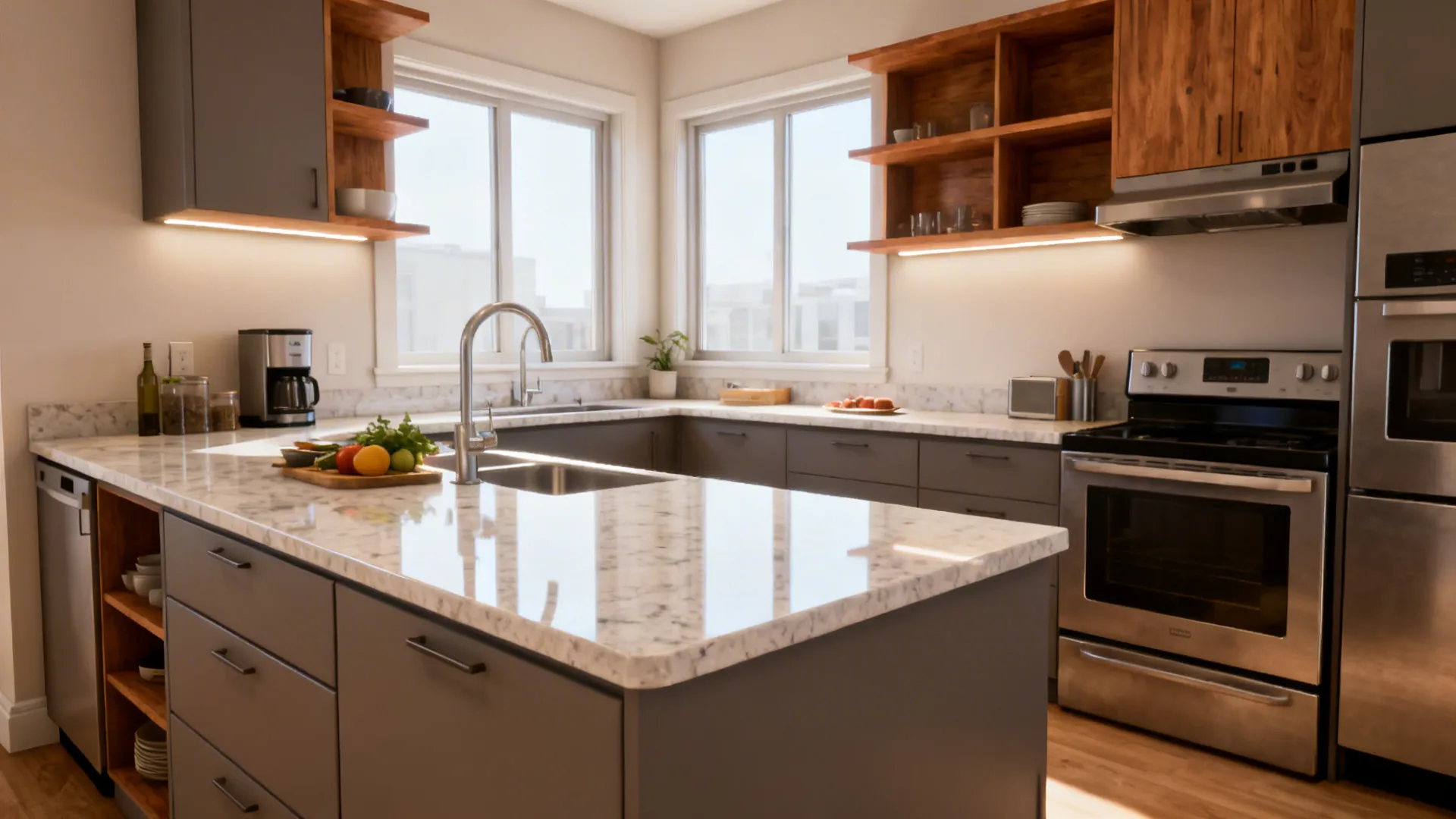 Small L-shaped kitchen with continuous counter, 24-inch drawers, and a slim pantry.
