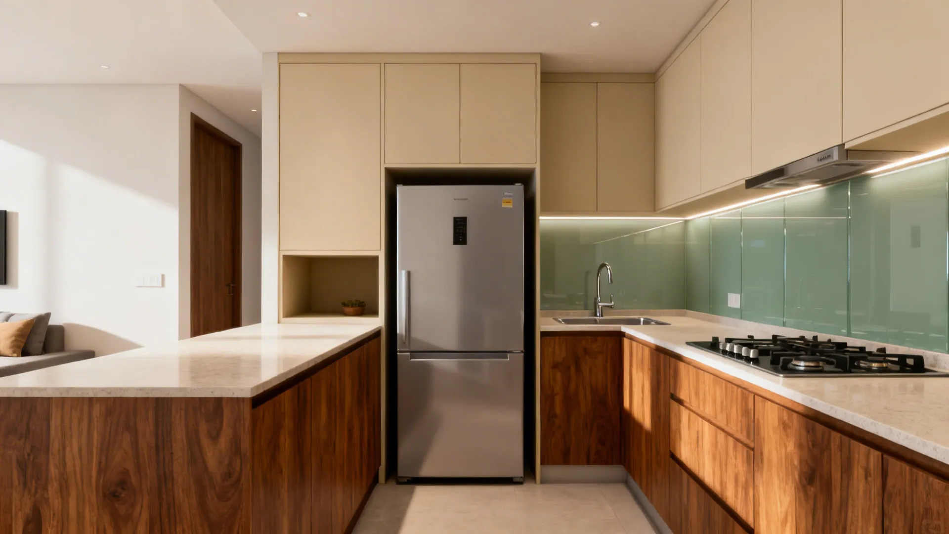 Compact L-shaped kitchen with efficient work triangle and a shallow fridge niche.