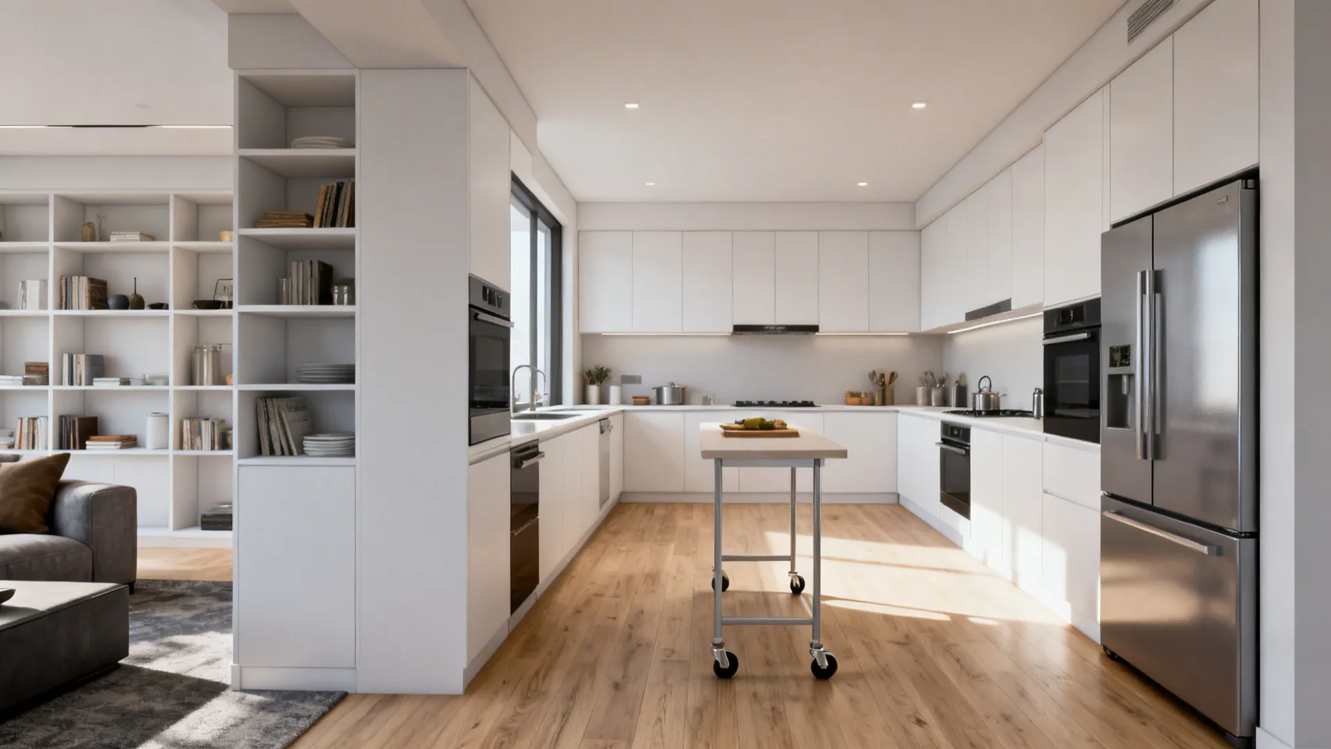 Compact L-shaped layout with a movable prep table