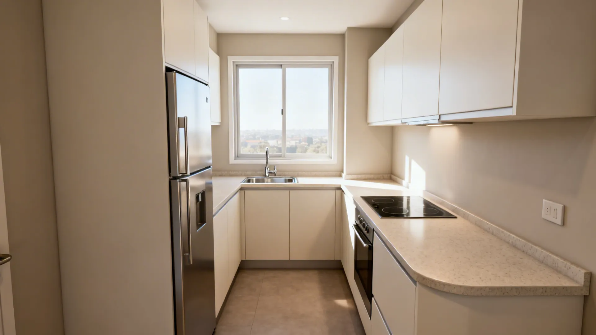 Compact L-shaped kitchen with flush hob, sink by a window, and generous landing zones.