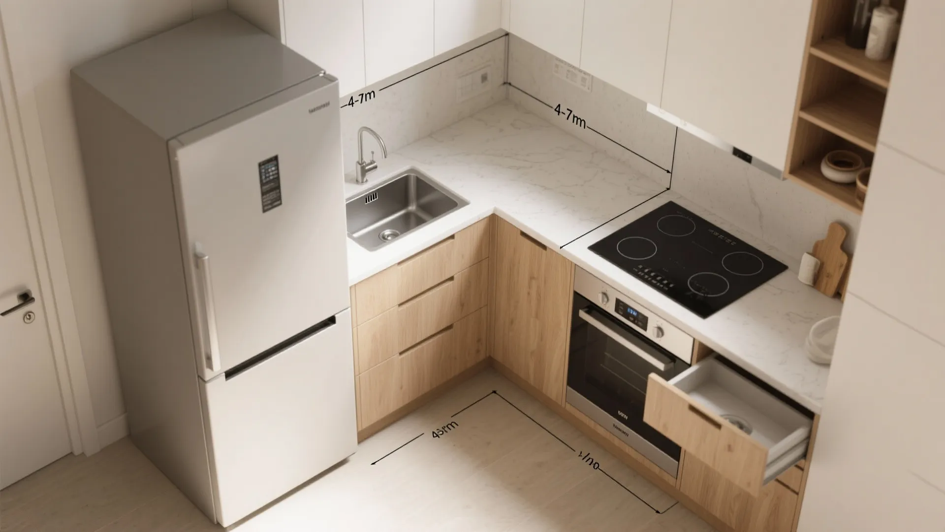 Top-down view of a compact L-shaped kitchen with tight work triangle and corner drawers.