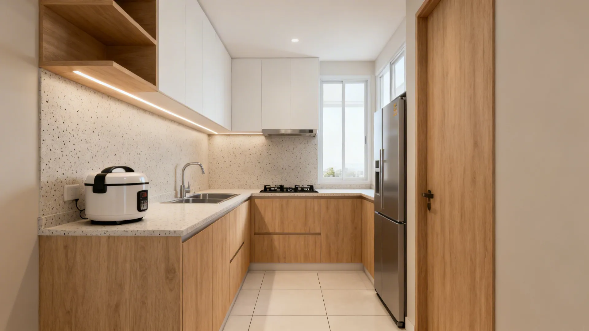 L-shaped kitchen featuring wood cabinets white upper cabinets stone backsplash silver fridge and rice cooker