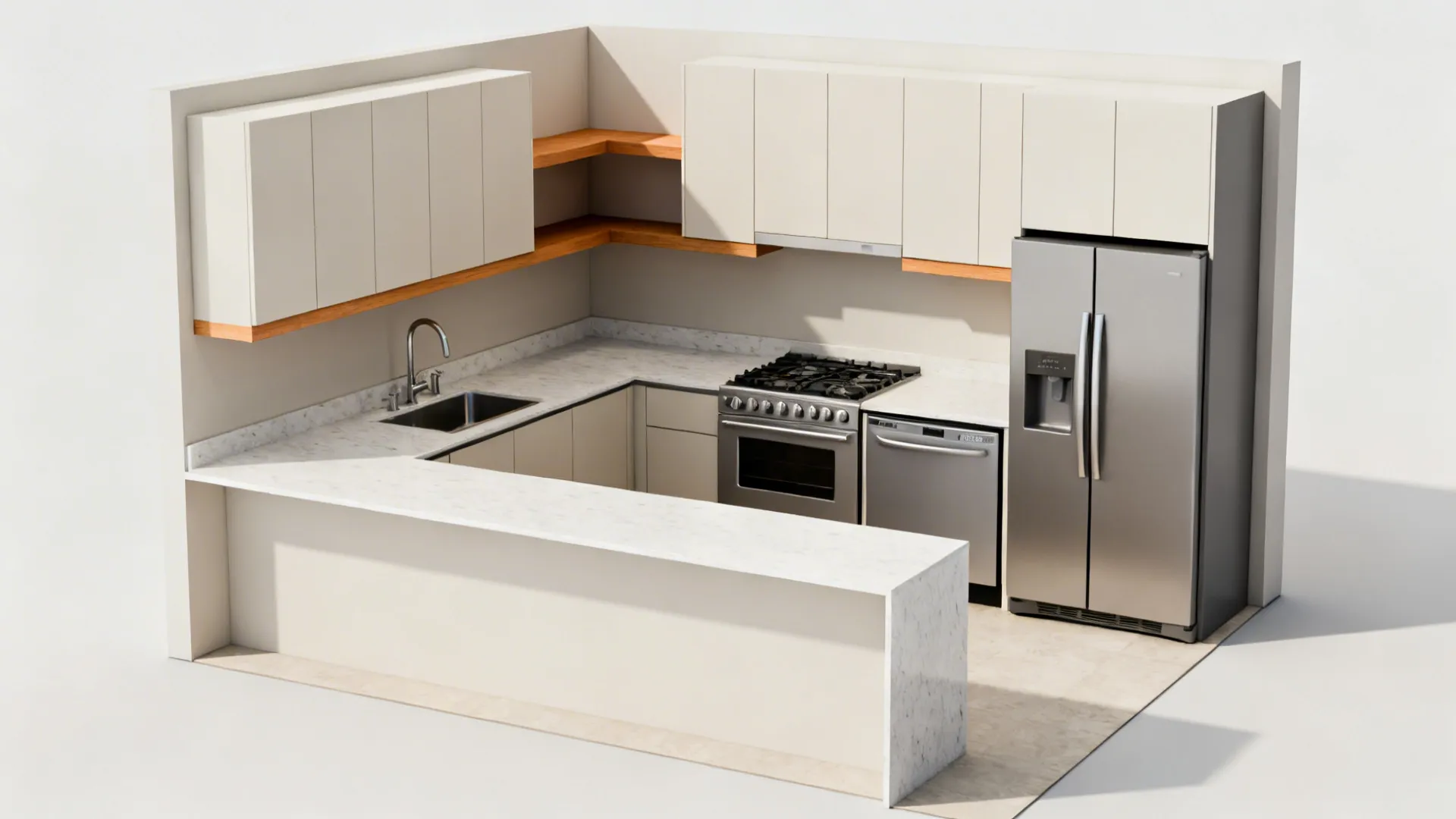 Compact L-shaped kitchen showing efficient work triangle and continuous counter run.