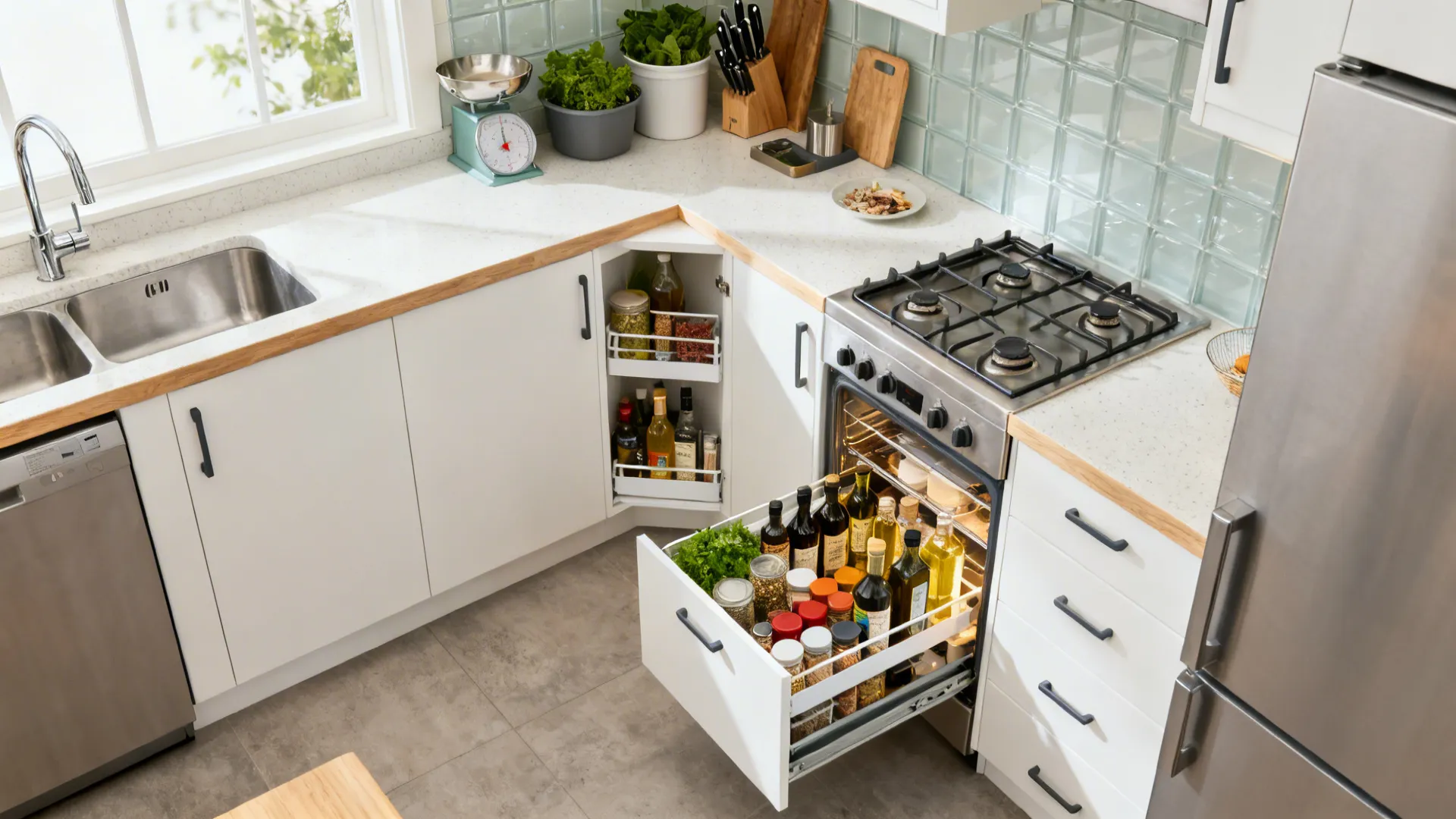 Compact L-shaped kitchen with active corner storage and continuous counters.