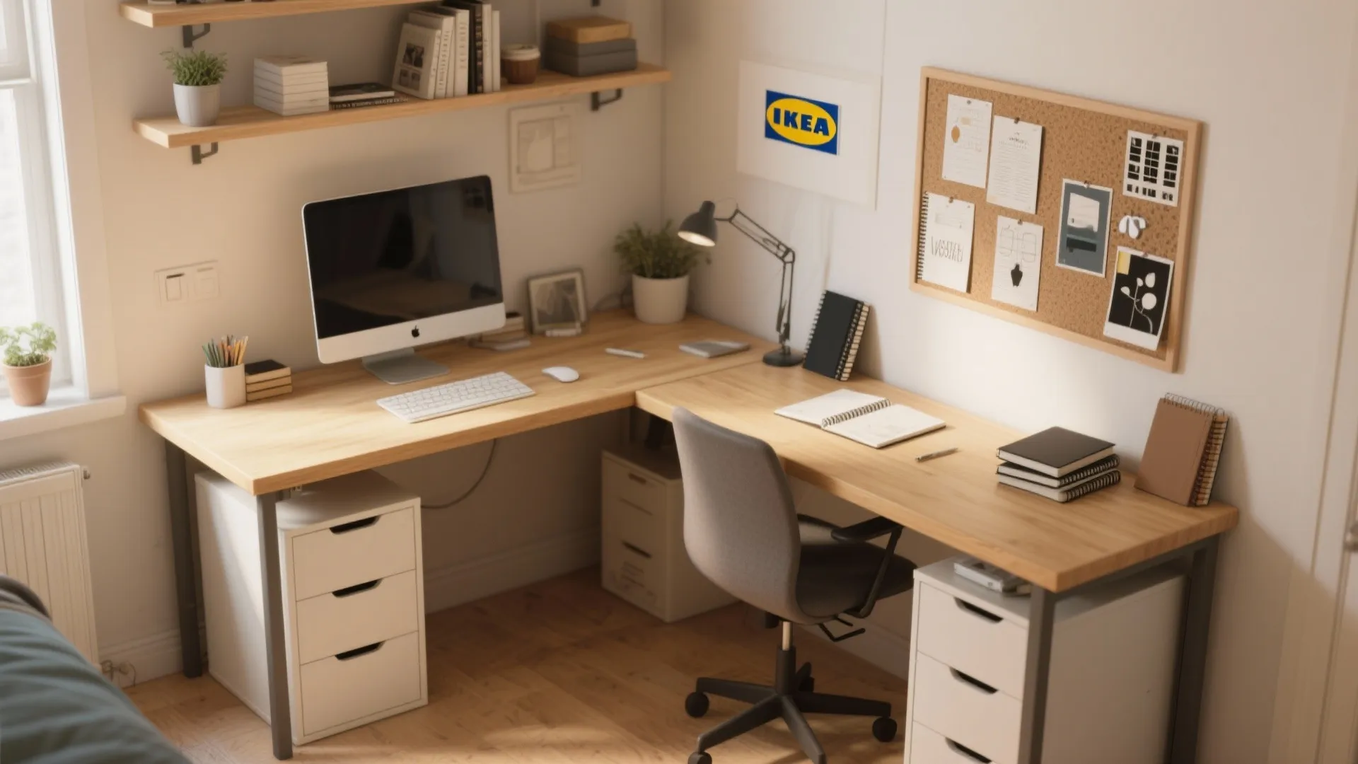 Wooden L-shaped desk with a computer monitor chair white cabinets and a cork notice board